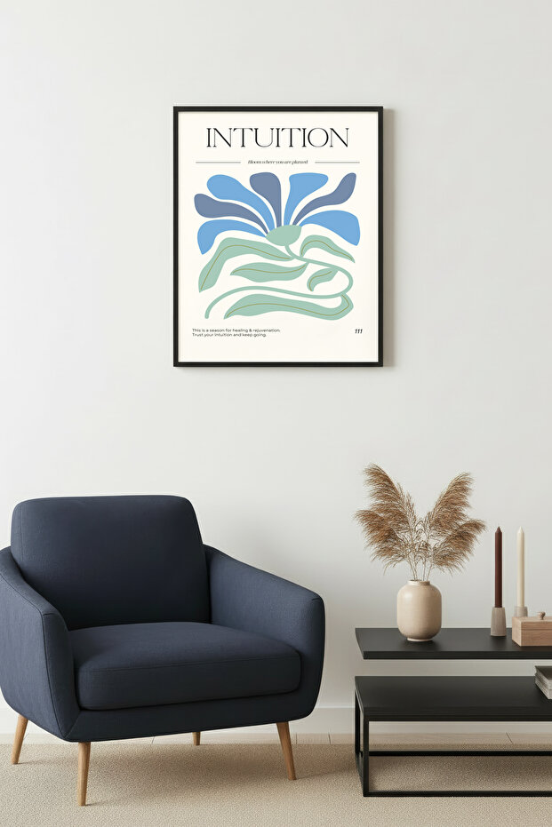 Black Wood Framed Retro Painting - Abstract Floral Pattern in Blue Green Tones | Huhu2577 - Single Table Black Frame