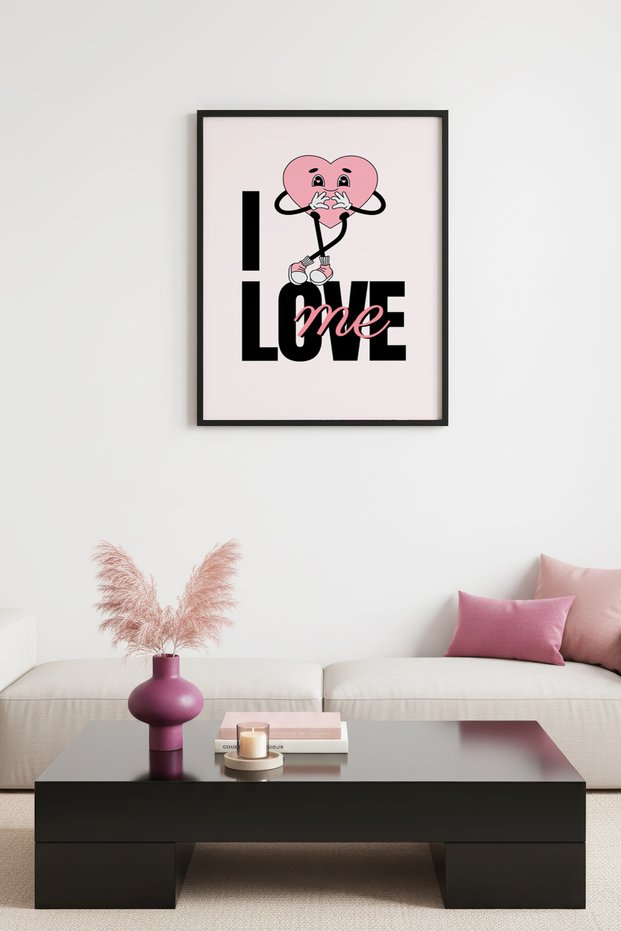 Black Wooden Framed Retro Painting - Pop Art Cute Heart Love | Huhu2078 - Single Table Black Frame