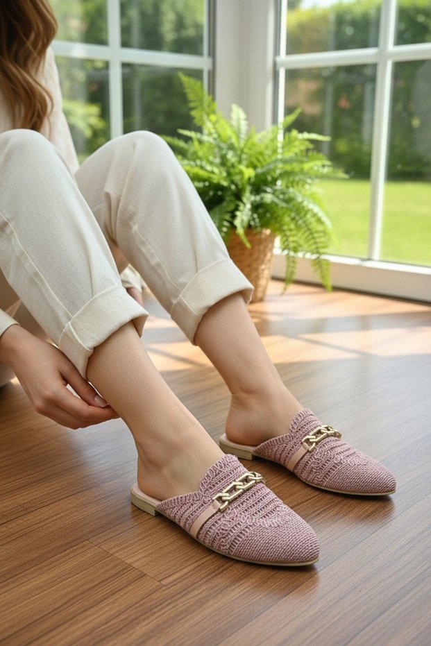 Women's Dusty Rose Knitted Buckle Detailed Closed-Front Slippers - Casual Stylish Knitwear Model