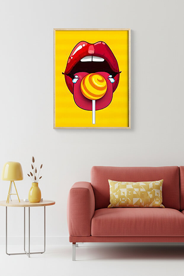 Natural Wooden Framed Pop Art Lip Pattern Painting - Red Yellow | Huhu1914 - Single Table Natural Wood Frame