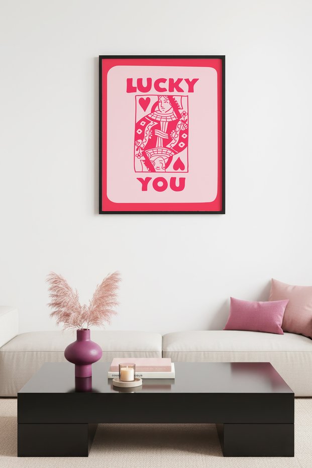 Black Wood Framed Retro Pop Art Painting - Lucky You Woman Illustration | Huhu2681 - Single Table Black Frame