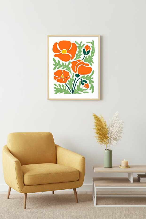 Natural Wood Framed Retro Floral Art Print - Orange Green Botanical Pattern | Huhu2265 - Single Table Natural Wood Frame