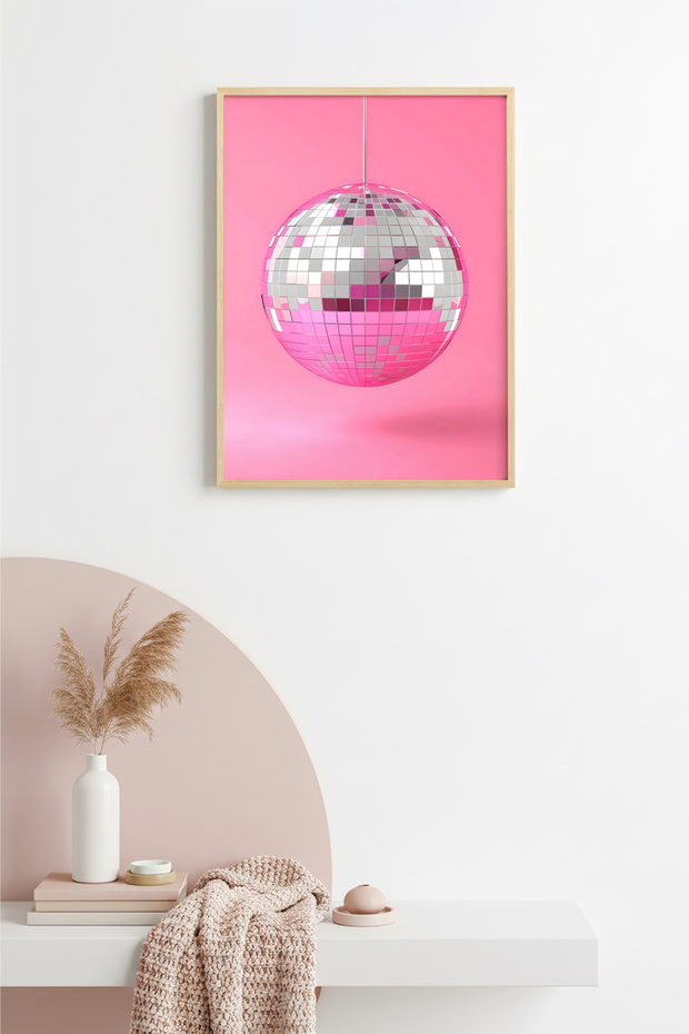 Natural Wood Framed Retro Disco Geometric Painting - Shiny Sphere | Huhu2547 - Single Table Natural Wood Frame
