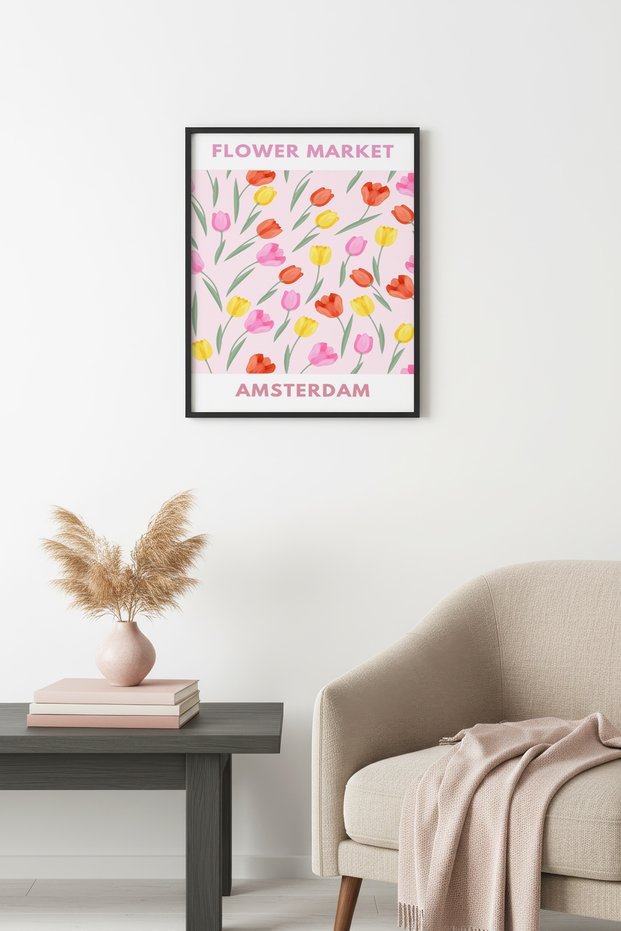 Natural Wood Framed Pastel Spring Floral Tulip Painting - Vintage Pattern | Huhu2610