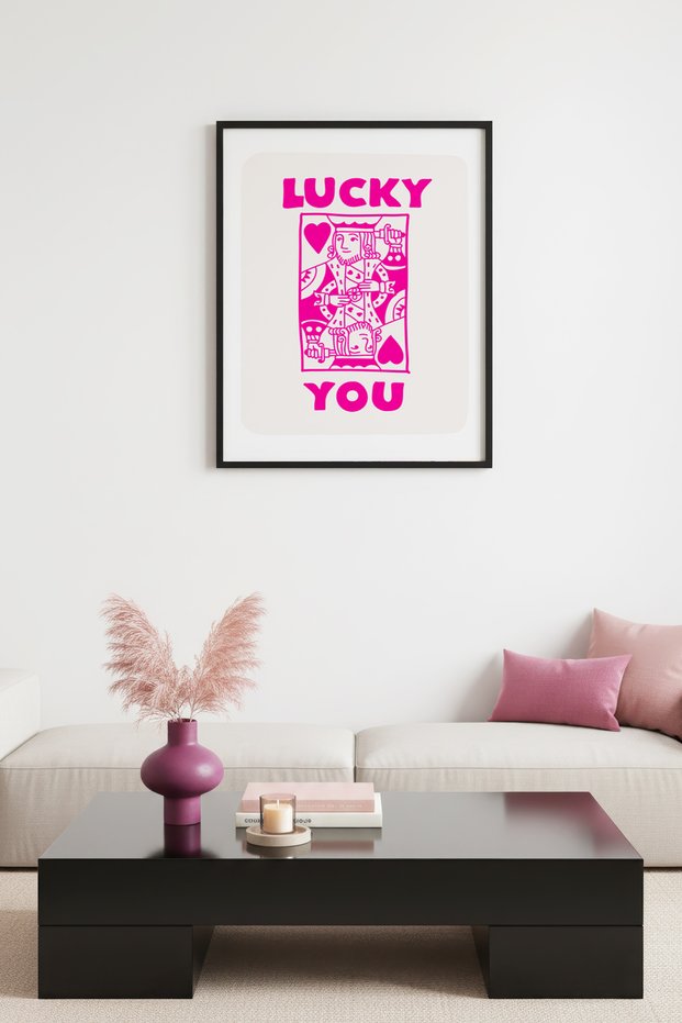 Black Wood Framed Retro Pop Art Painting - Lucky You Heart Design |   Huhu2528 - Single Table Black Frame