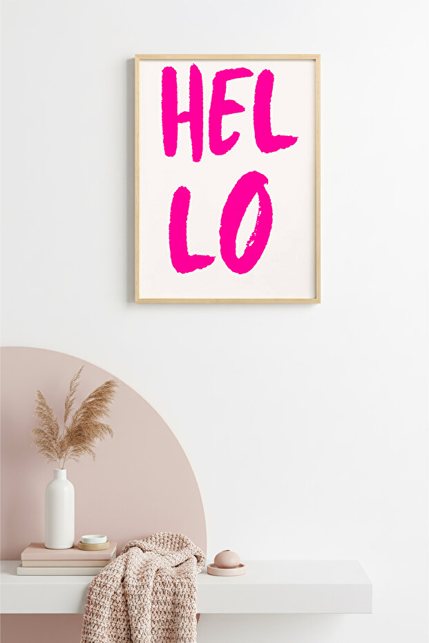 Natural Wooden Framed Retro Painting - Pink Typography Painting with Hello Written | Huhu2219 - Single Table Natural Wood Frame