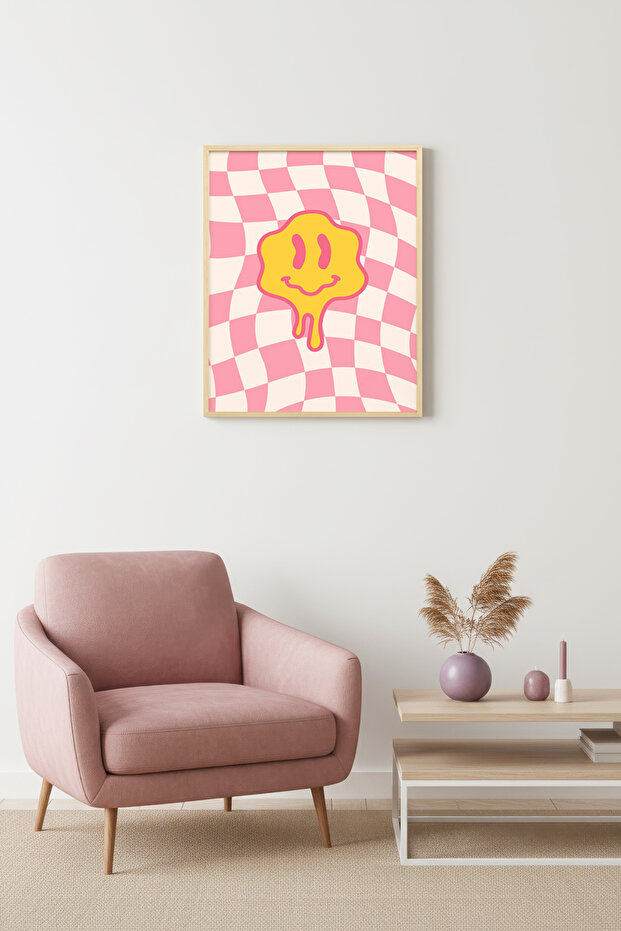 Natural Wood Framed Retro Painting - Pop Art Smiley Face Pattern |   Huhu2851