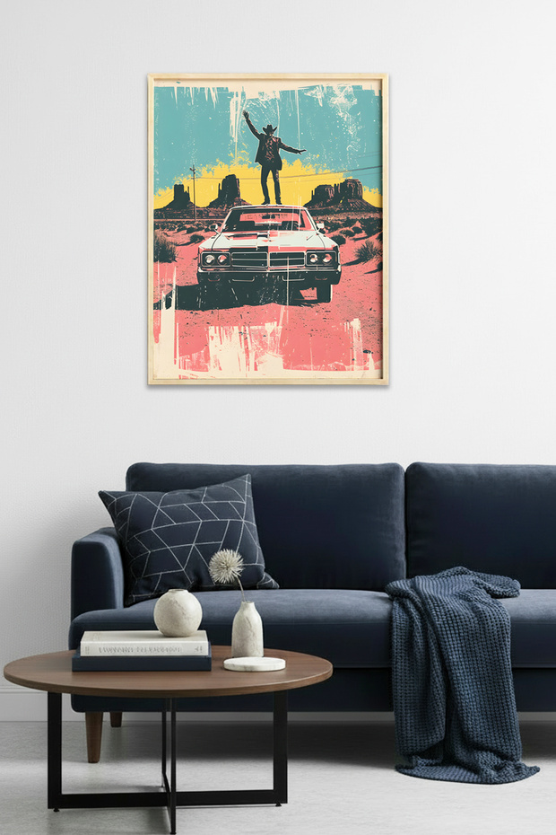 Natural Wood Framed Western Pop Art Painting - Retro Tones | Huhu2019 - Single Table Natural Wood Frame