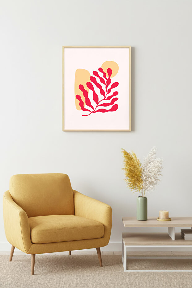 Natural Wood Framed Large Leaf Pattern Retro Painting - Vibrant Red Tones | Huhu2667
