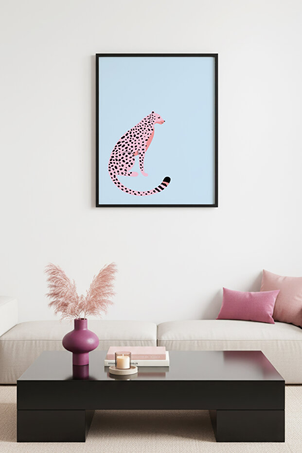 Retro Leopard Painting with Black Wooden Frame - Pink Dotted Animal Figure | Huhu2760 - Single Table Black Frame