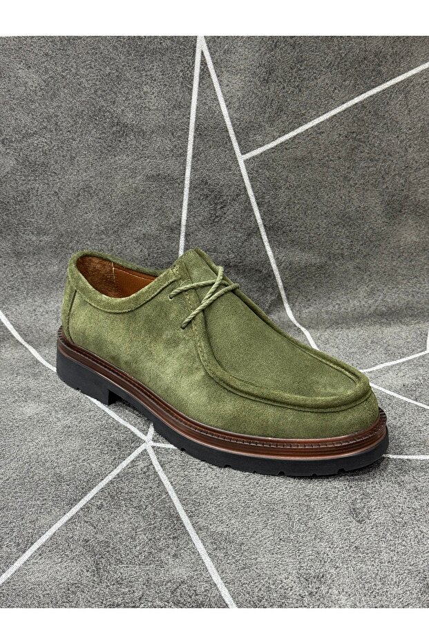 Khaki Green Genuine Suede Leather Lace-Up Eva Sole Shoes