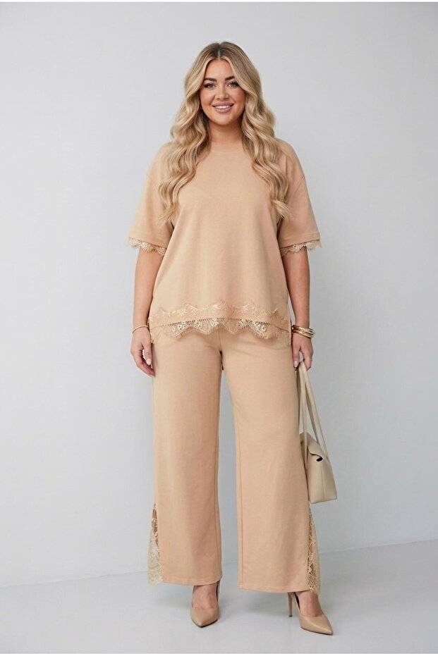 Women's Plus Size Short Sleeve Lace Detailed Asymmetrical Cut Sweatpants Set 4380-26