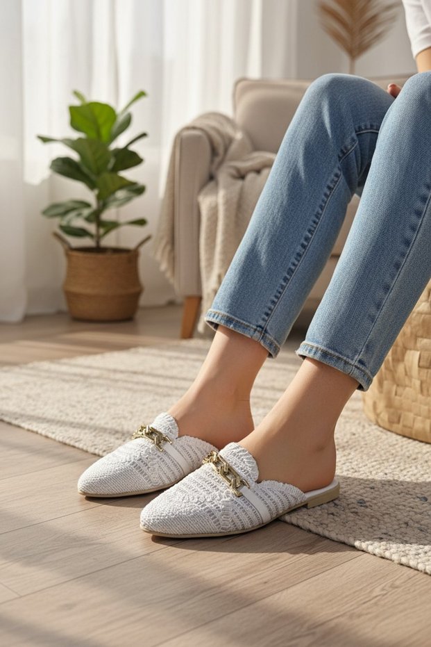 Women's White Knitted Buckle Detailed Closed-Front Slippers - Daily Stylish Knitwear Model