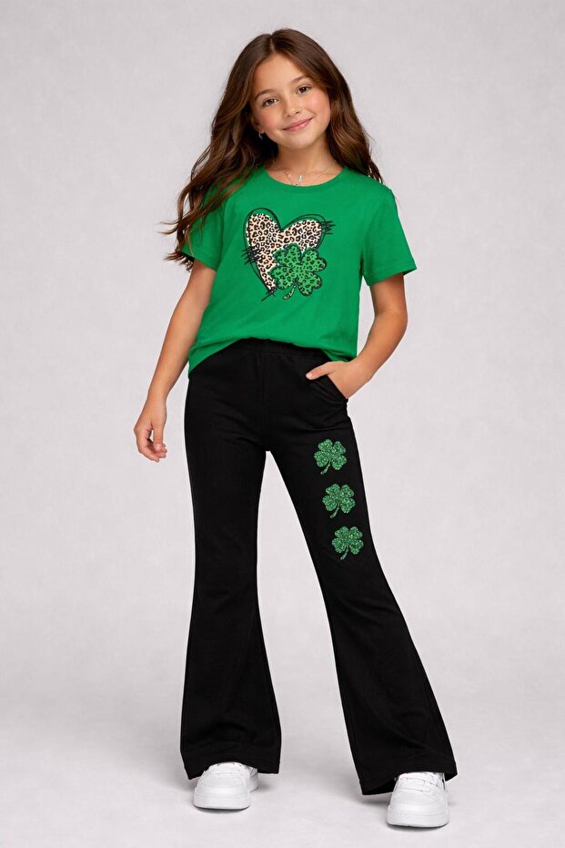 Girls' Clover and Leopard Printed T-Shirt and Spanish Pants Set