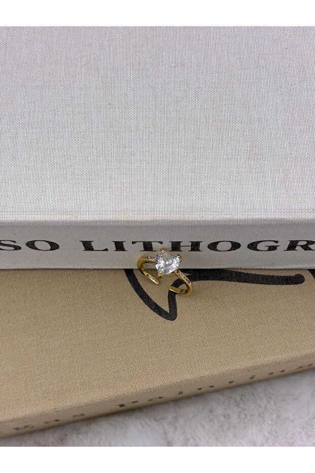Gold Color Heart Model Zircon Stone Adjustable Brass Ring T2
