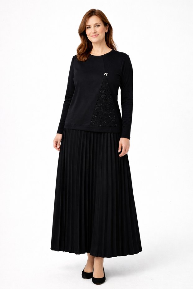 Women's Middle-Aged and Above Large Size Simple Stone Embroidered Mother Pleated Skirt Blouse Set 25535