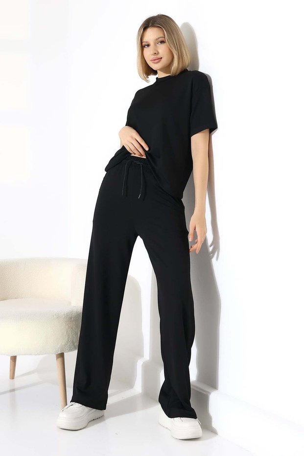 Women's Soft Textured Short Sleeve T-Shirt Wide Leg Pants Bottom Top Set 22056
