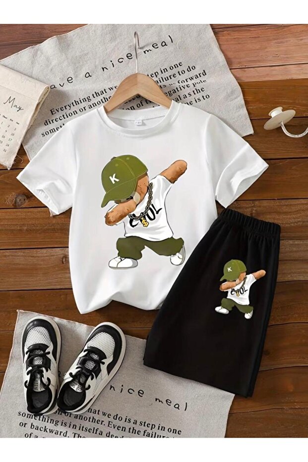 Boys' Green Cap T-Shirt Cool Printed T-Shirt Shorts Set