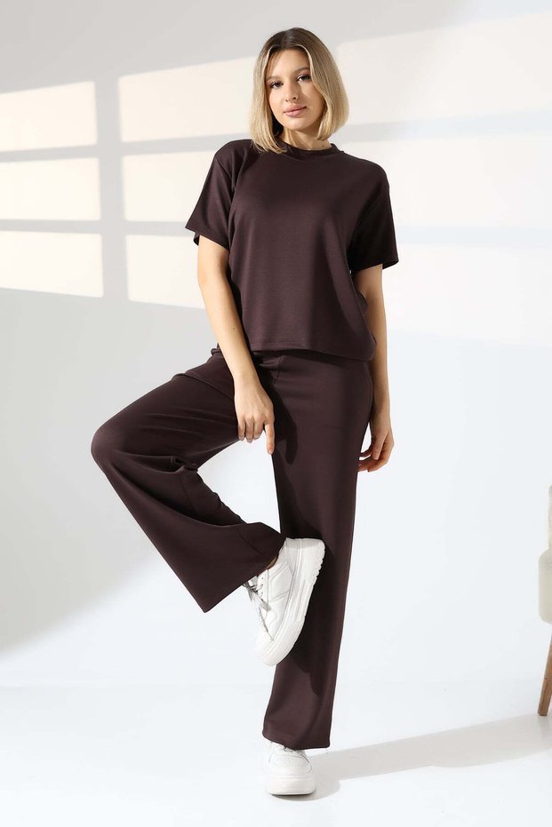Women's Soft Textured Short Sleeve T-Shirt Wide Leg Pants Bottom Top Set 22056