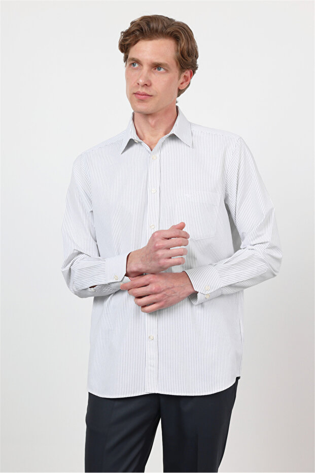 White Hard Collar Long Sleeve Pocketed Comfort Fit Cotton Shirt 1004260222