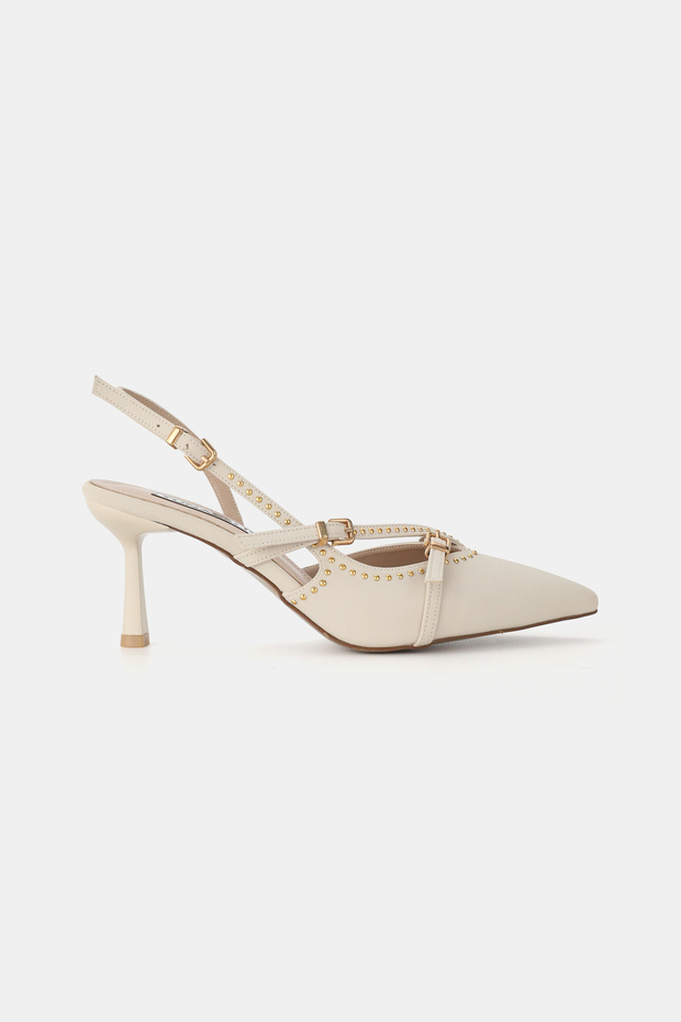 Women's Beige Zimbali Satin Low-Heeled Shoes with Pointed Toes and Open Back