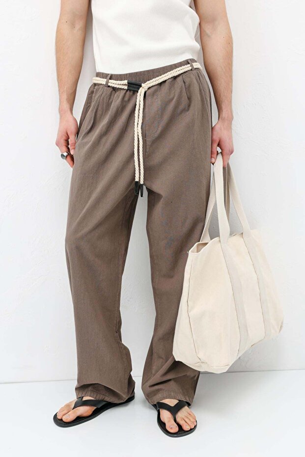 Belt detailed oversize linen trousers mink