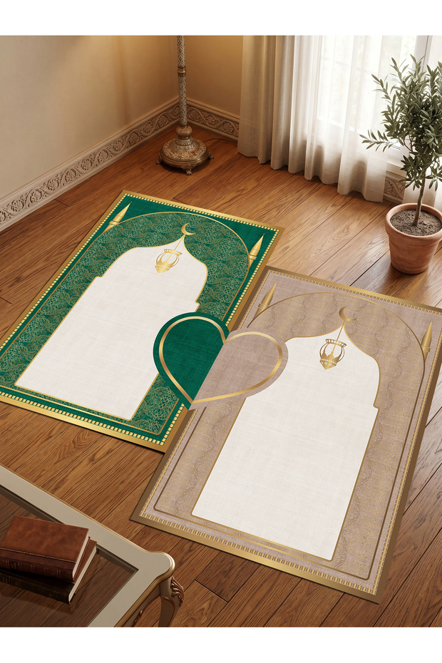 Sec_517_9 Heart-Shaped Prayer Rug with Non-Slip Base, Double Prayer Rug, Bride and Groom Bundle, Gift Dowry Box