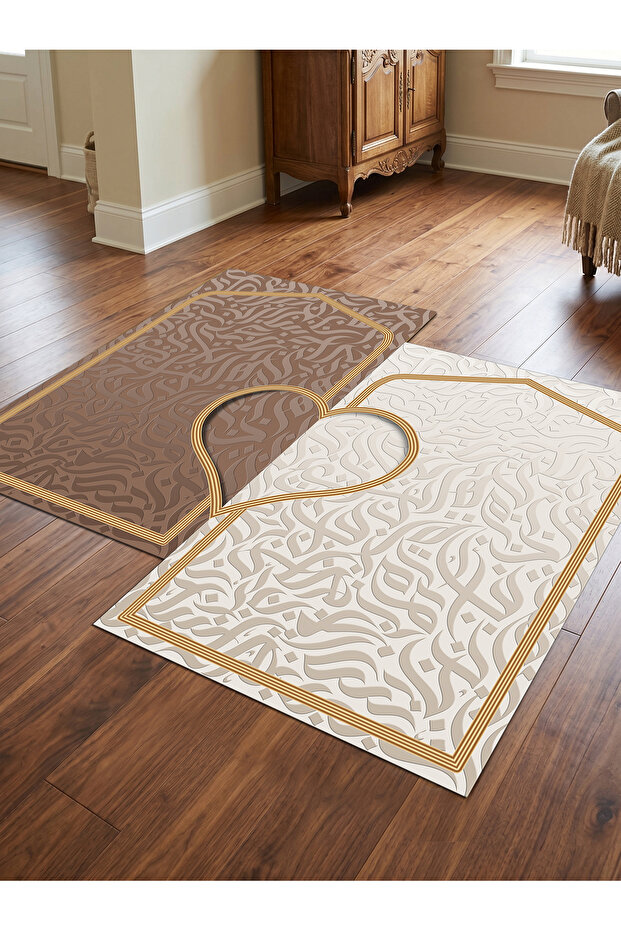 Sec_518_7 Heart-Shaped Prayer Rug with Non-Slip Base, Double Prayer Rug, Bride and Groom Bundle, Gift Dowry Box