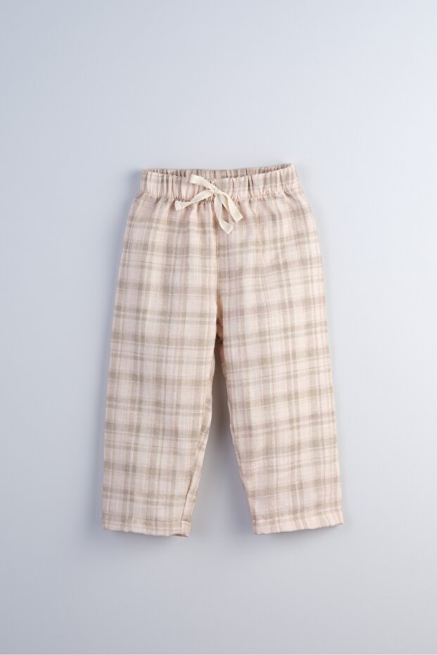 Plaid Patterned Flared Muslin Loose-Fit Children's Trousers 100% Cotton (Green Plaid)