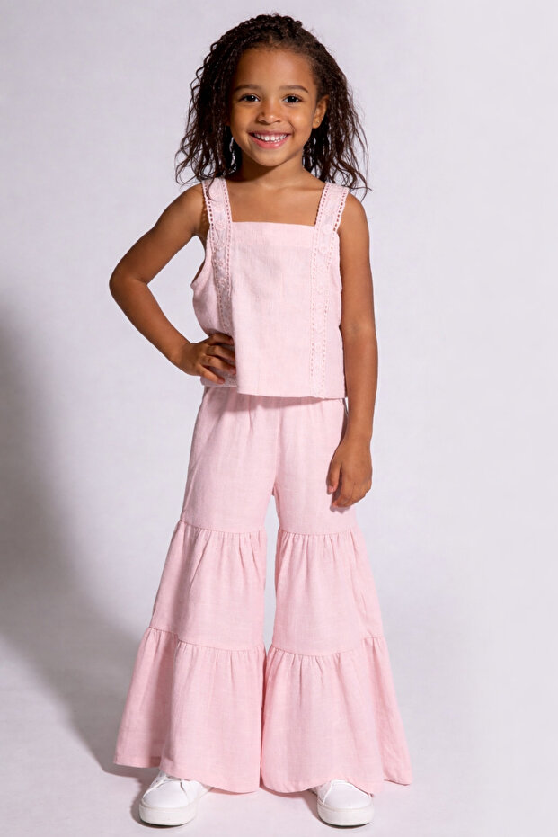 Girls' Light Pink Strappy Blouse with Flawed Pants Summer Set