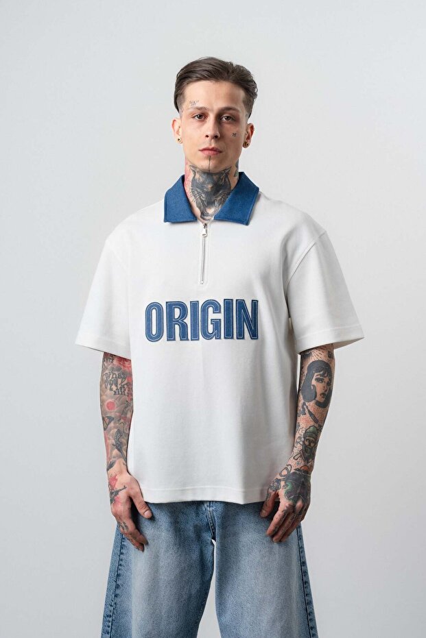 Men's Origin Embroidered Polo Collar Regular Fit T-Shirt Ecru