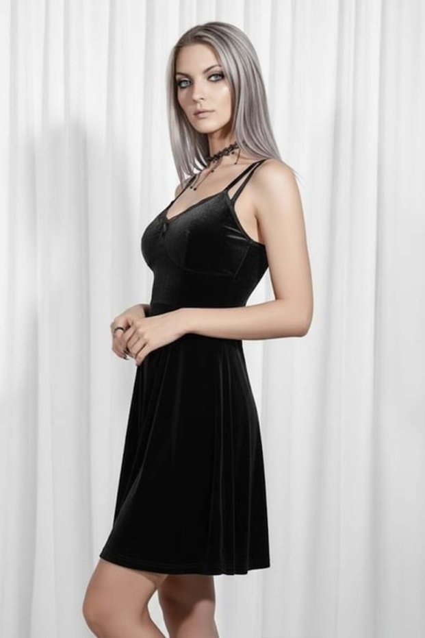 Black Lace Collar Bow Gothic Velvet Dress