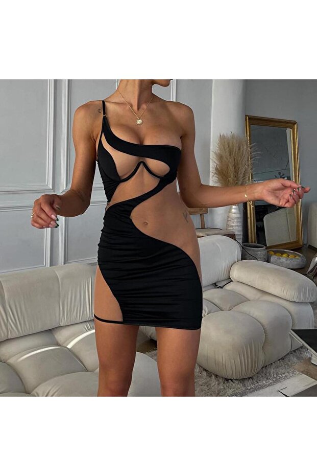 pink life Transparan Tül Detaylı Askılı Mini Elbise