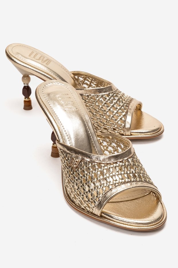 Selvian Gold Knitted Women's Beaded Heeled Slippers