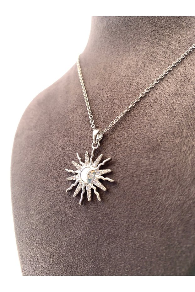 Moon and Star Necklace with Ancient Sun Figure and Steel Zircon Stone
