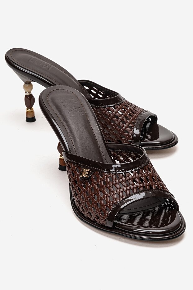 Selvian Brown Knitted Women's Beaded Heeled Slippers