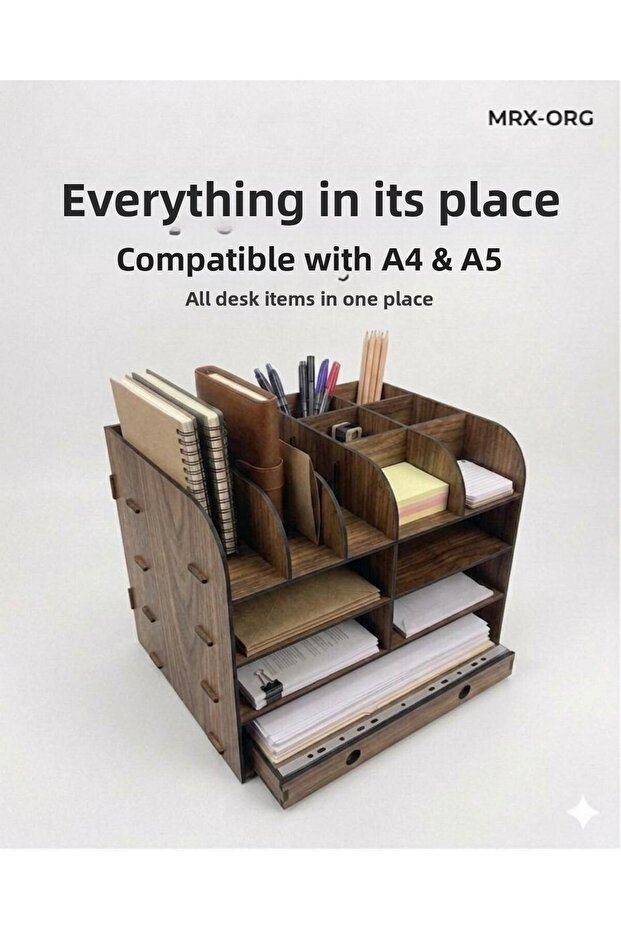 منظم سطح المكتب ORG DESK 02 | حامل أقلام لحافظة المستندات مقاس A4 و A5 | منظم مكتب خشبي متعدد الأقسام