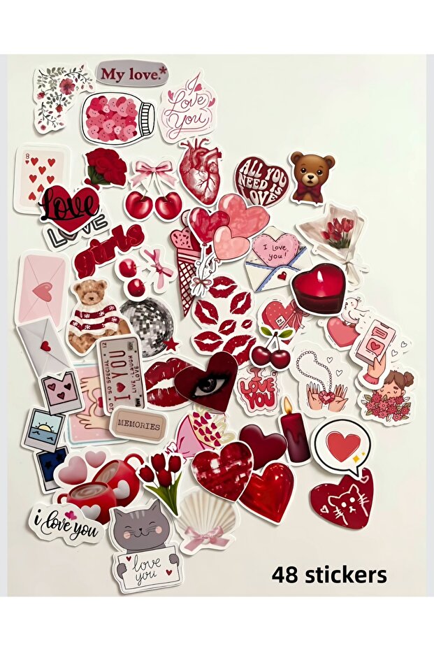 48Pcs Sticker Red Love Set Sticker Decal for Bullet Journal Agenda Laptop Phone Tablet