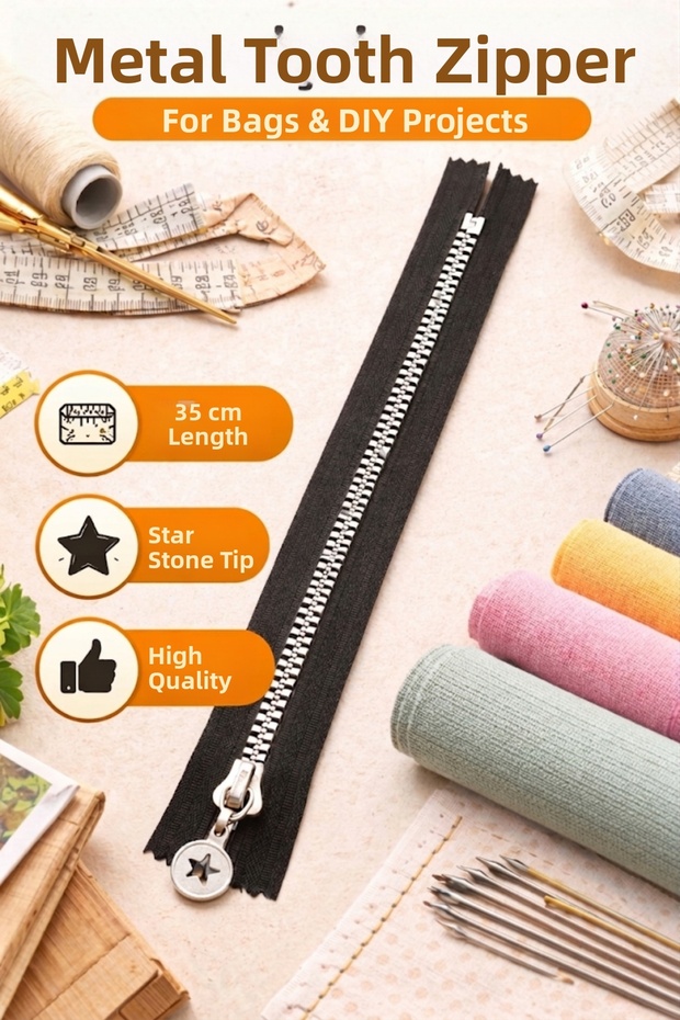 35 cm Metal Zipper with Teeth – Star Tip, Black, Bag & for Craft Projects