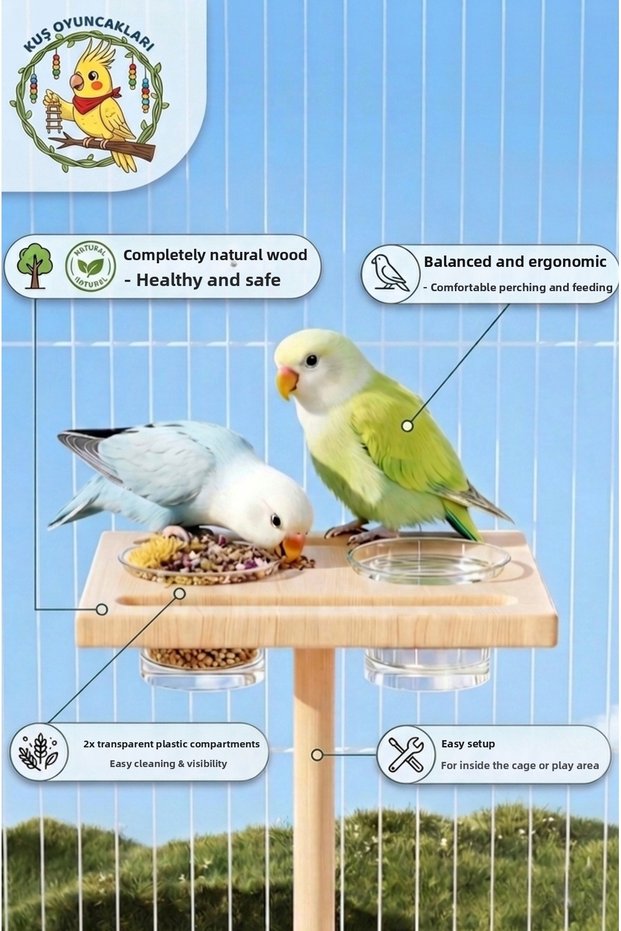 Trendme Wooden Bird Feeder for Budgerigars and Cockatiels with Perches, Double Feeder and Waterer