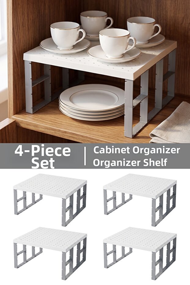 4 Pieces In-Cabinet Organizer Shelves - Kitchen Bathroom Detergent Holder Multi-Purpose Countertop Organizer White