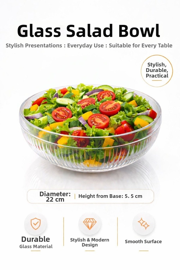 Medium Size Glass Salad Bowl - Nordic Style Bowl - Transparent Fruit Bowl 22 cm