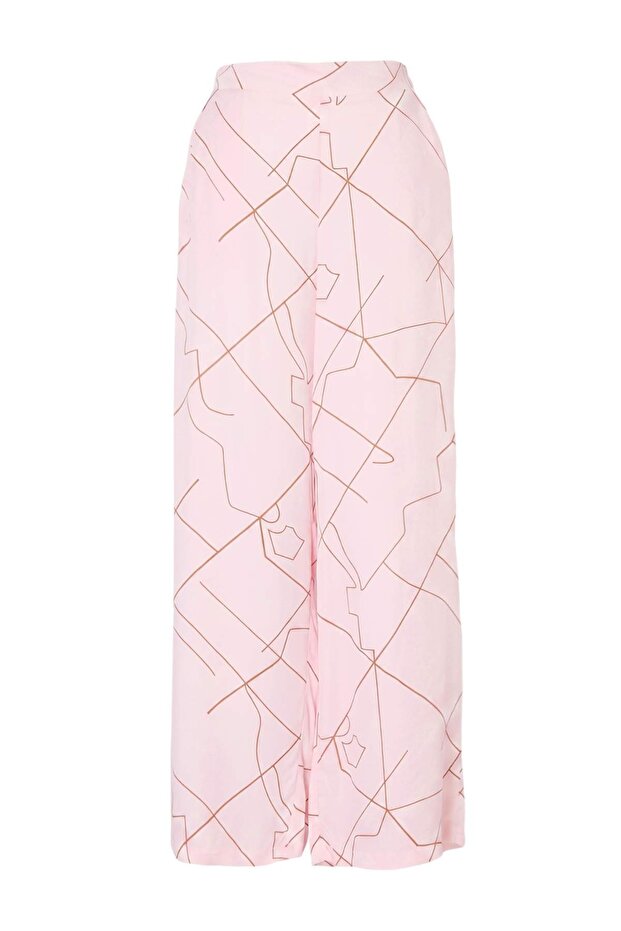 Trendyol Studio Pembe Desenli Arka Beli Lastikli Saten Pantolon TWOSS26PL0013 - 5