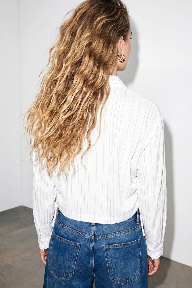 Beyaz-Yeşil Beli Büzgülü Crop Oversize Gömlek TDRSS26GO00039 - 3