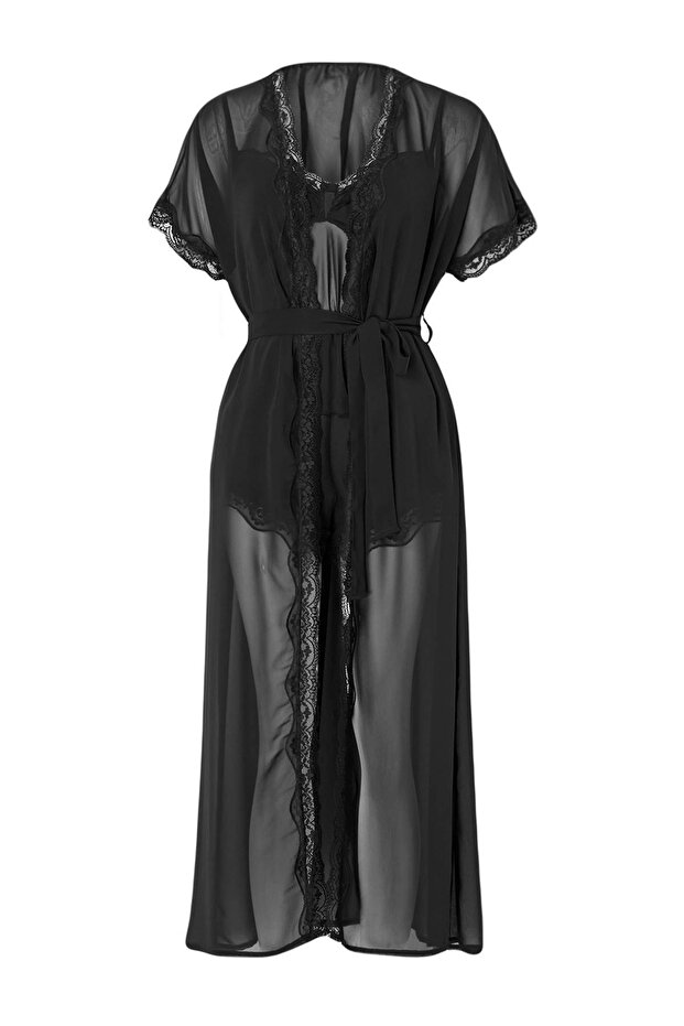 Siyah 3'lü Çeyiz Set Tül ve Dantel Detaylı Viskon Dokuma Pijama Takımı+Sabahlık THMSS26PT00182 - 4