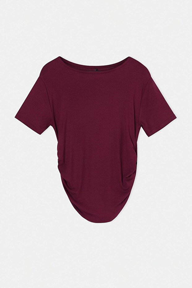 Bordo Viskon Ribana Yanı Büzgülü Örme Büyük Beden Bluz TBBSS26AF00060 - 4