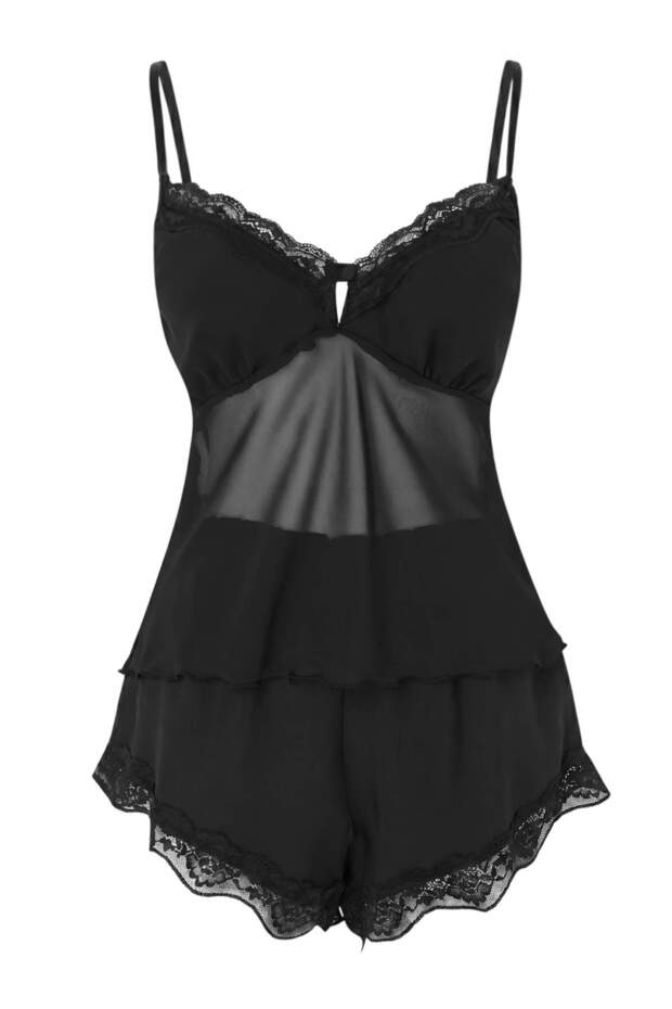 Siyah 3'lü Çeyiz Set Tül ve Dantel Detaylı Viskon Dokuma Pijama Takımı+Sabahlık THMSS26PT00182 - 6