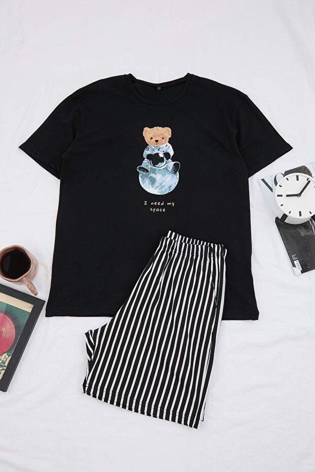 Siyah Regular Pamuklu Kısa Kol Üst Ayıcık Baskılı Alt Çizgili Pijama Takımı TMNSS26PT00013 - 4