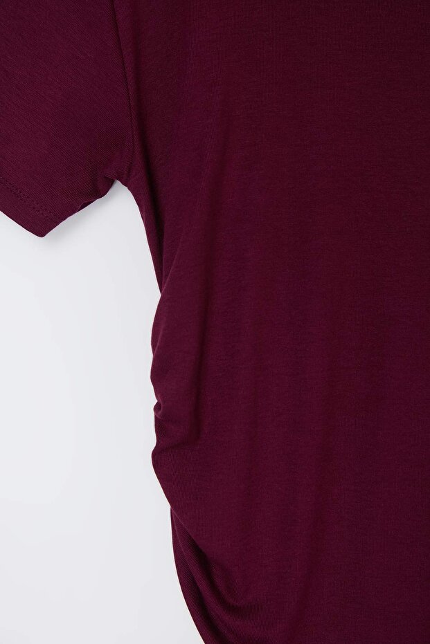 Bordo Viskon Ribana Yanı Büzgülü Örme Büyük Beden Bluz TBBSS26AF00060 - 5