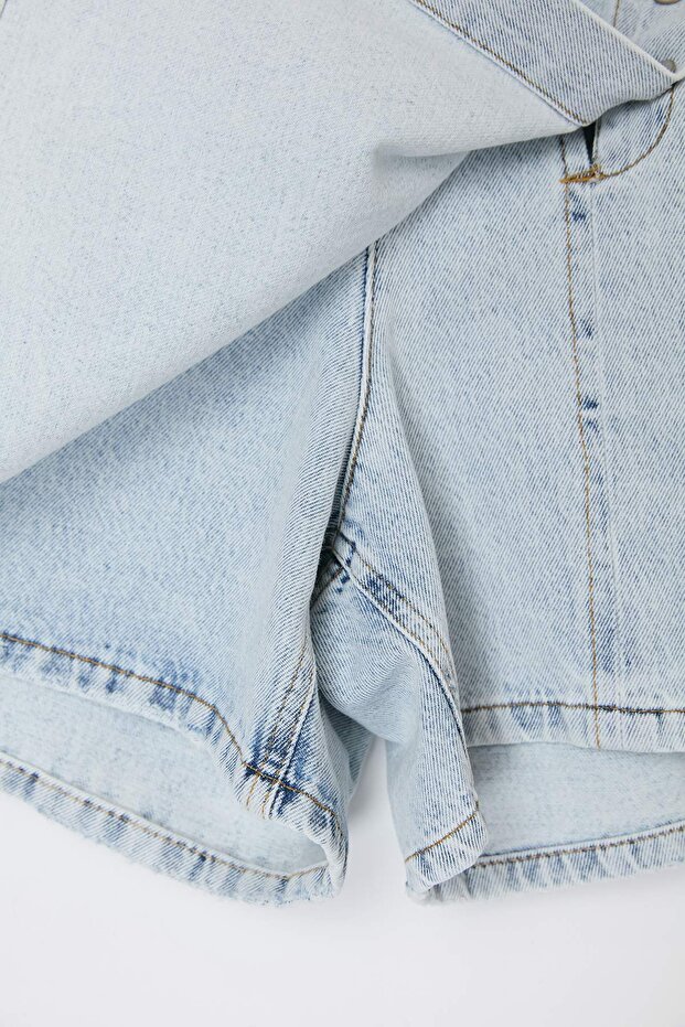 Mavi Düğme Detaylı Kruvaze Lastikli Yüksek Bel %100 Pamuk Non-Stretch Denim Şort Etek TBBSS26AP00021 - 6